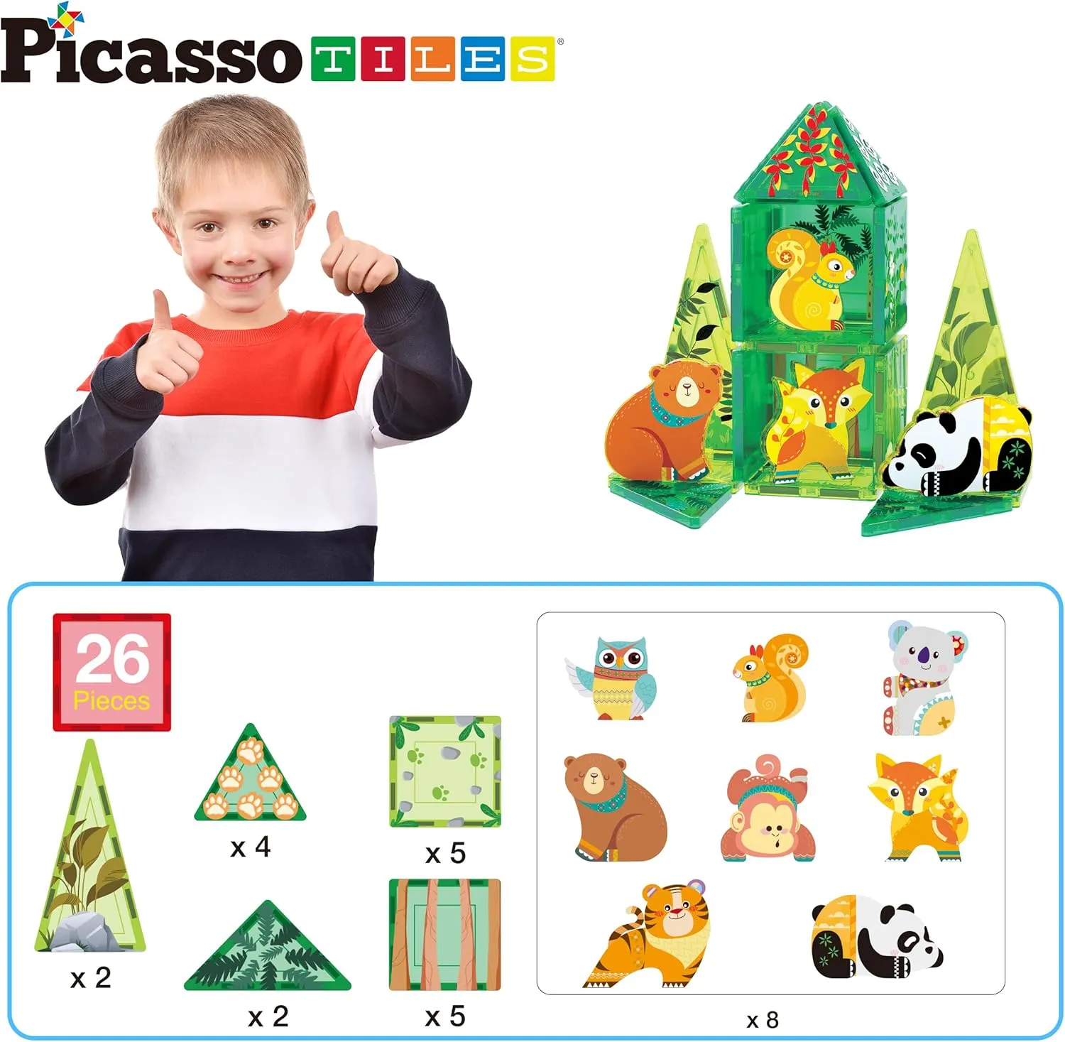 PicassoTiles Magnet Tile Building Blocks Forest Animal Themed Playset with 8 Character Action Figures Educational STEM Learning Construction Kit Pretend Play Magnetic Tiles Toddler Kids Ages 3  PTQ26