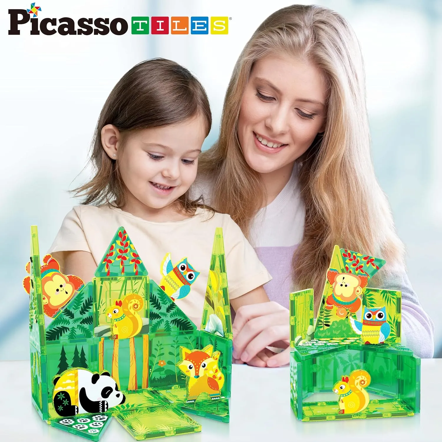 PicassoTiles Magnet Tile Building Blocks Forest Animal Themed Playset with 8 Character Action Figures Educational STEM Learning Construction Kit Pretend Play Magnetic Tiles Toddler Kids Ages 3  PTQ26