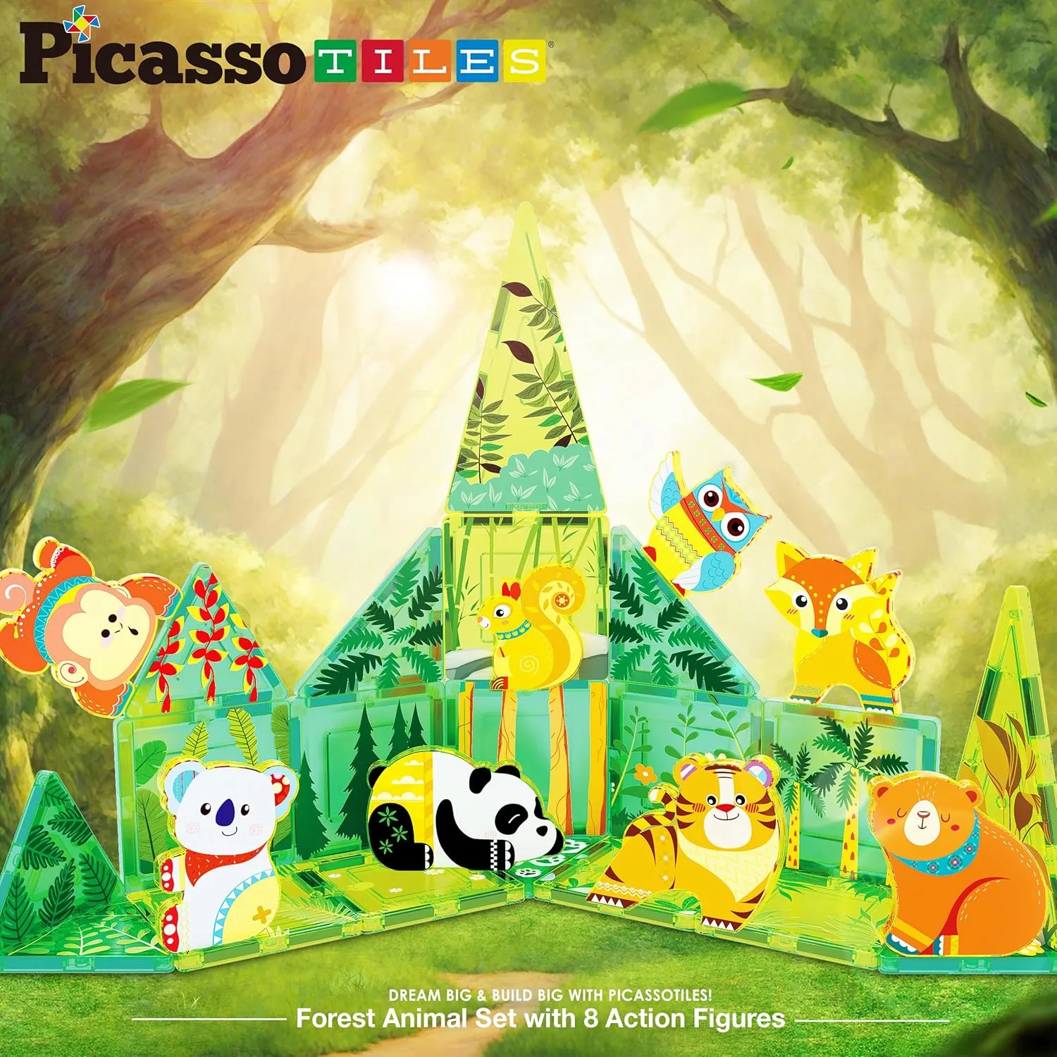PicassoTiles Magnet Tile Building Blocks Forest Animal Themed Playset with 8 Character Action Figures Educational STEM Learning Construction Kit Pretend Play Magnetic Tiles Toddler Kids Ages 3  PTQ26