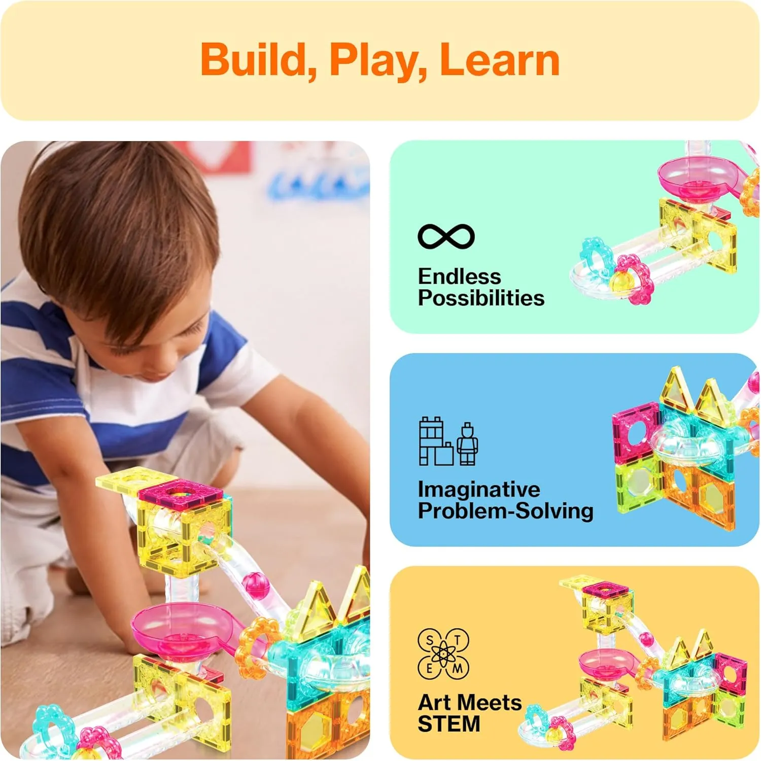 PicassoTiles Magnet Tiles Building Block Travel Size Magnetic Marble Run Construction Toy Set Mini Diamond Marble Racetrack Building Blocks Playset Education STEM Learning Kit Boy Girl 3  PTMG45
