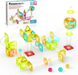 PicassoTiles Magnet Tiles Building Block Travel Size Magnetic Marble Run Construction Toy Set Mini Diamond Marble Racetrack Building Blocks Playset Education STEM Learning Kit Boy Girl 3  PTMG45