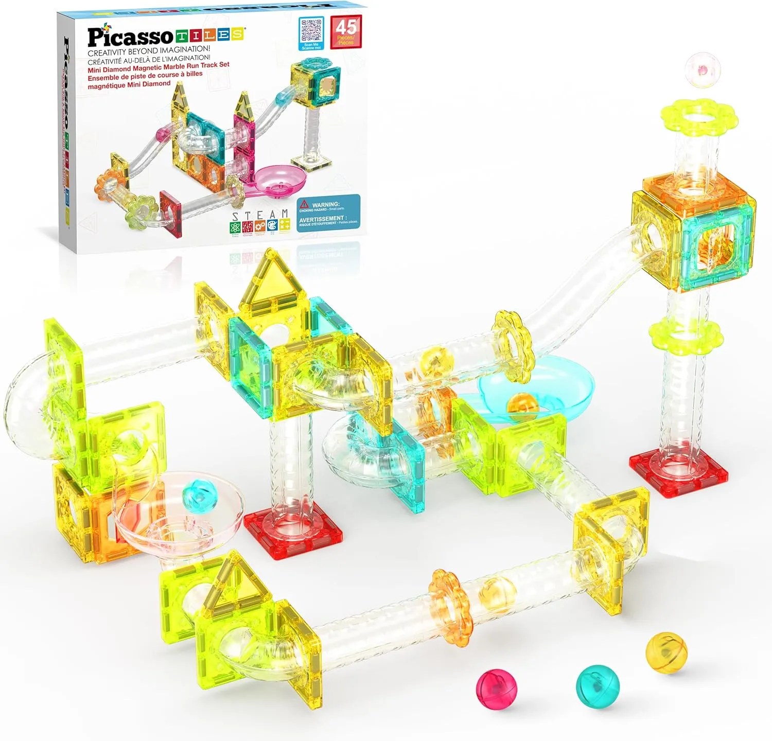 PicassoTiles Magnet Tiles Building Block Travel Size Magnetic Marble Run Construction Toy Set Mini Diamond Marble Racetrack Building Blocks Playset Education STEM Learning Kit Boy Girl 3  PTMG45