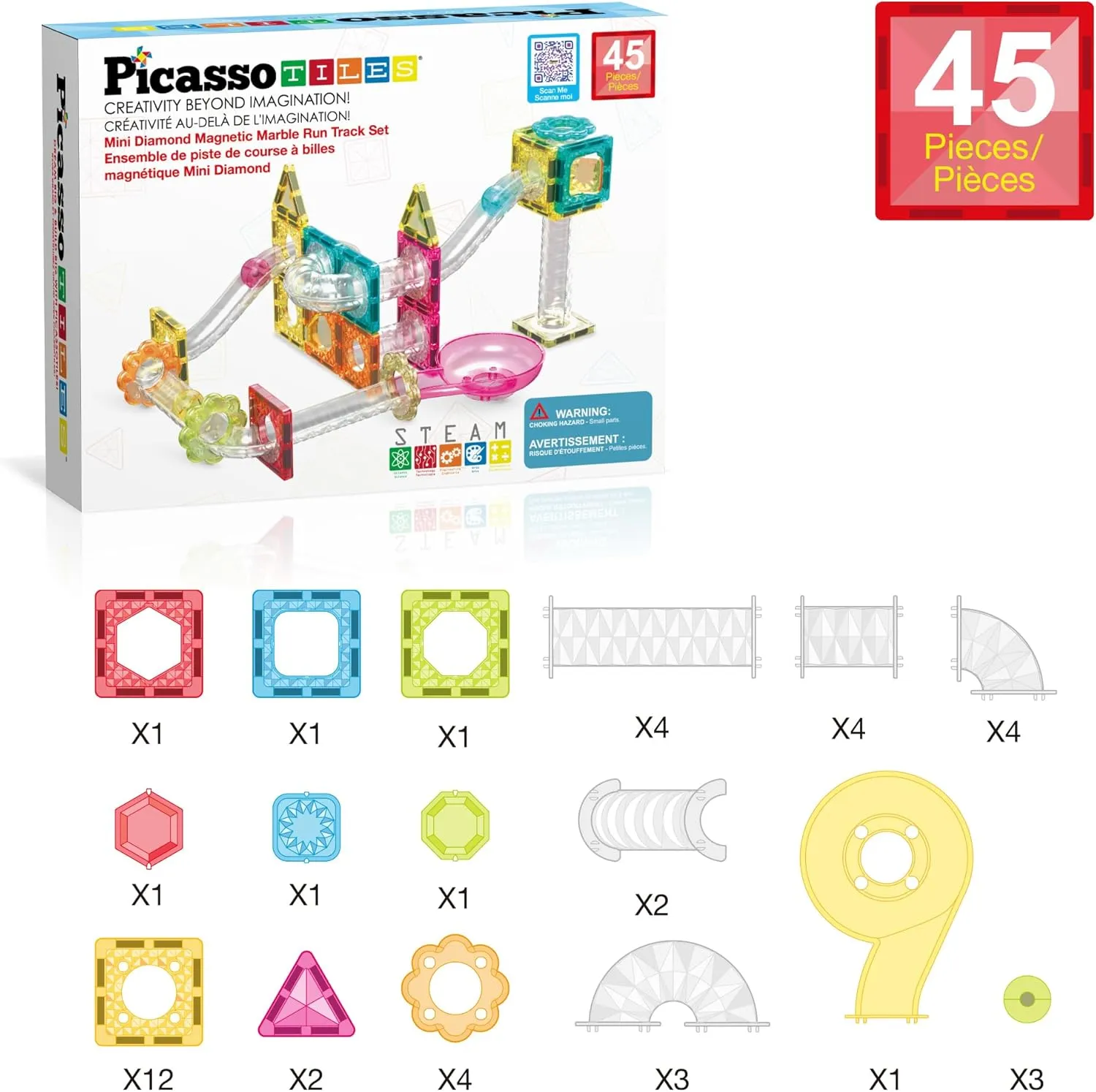 PicassoTiles Magnet Tiles Building Block Travel Size Magnetic Marble Run Construction Toy Set Mini Diamond Marble Racetrack Building Blocks Playset Education STEM Learning Kit Boy Girl 3  PTMG45
