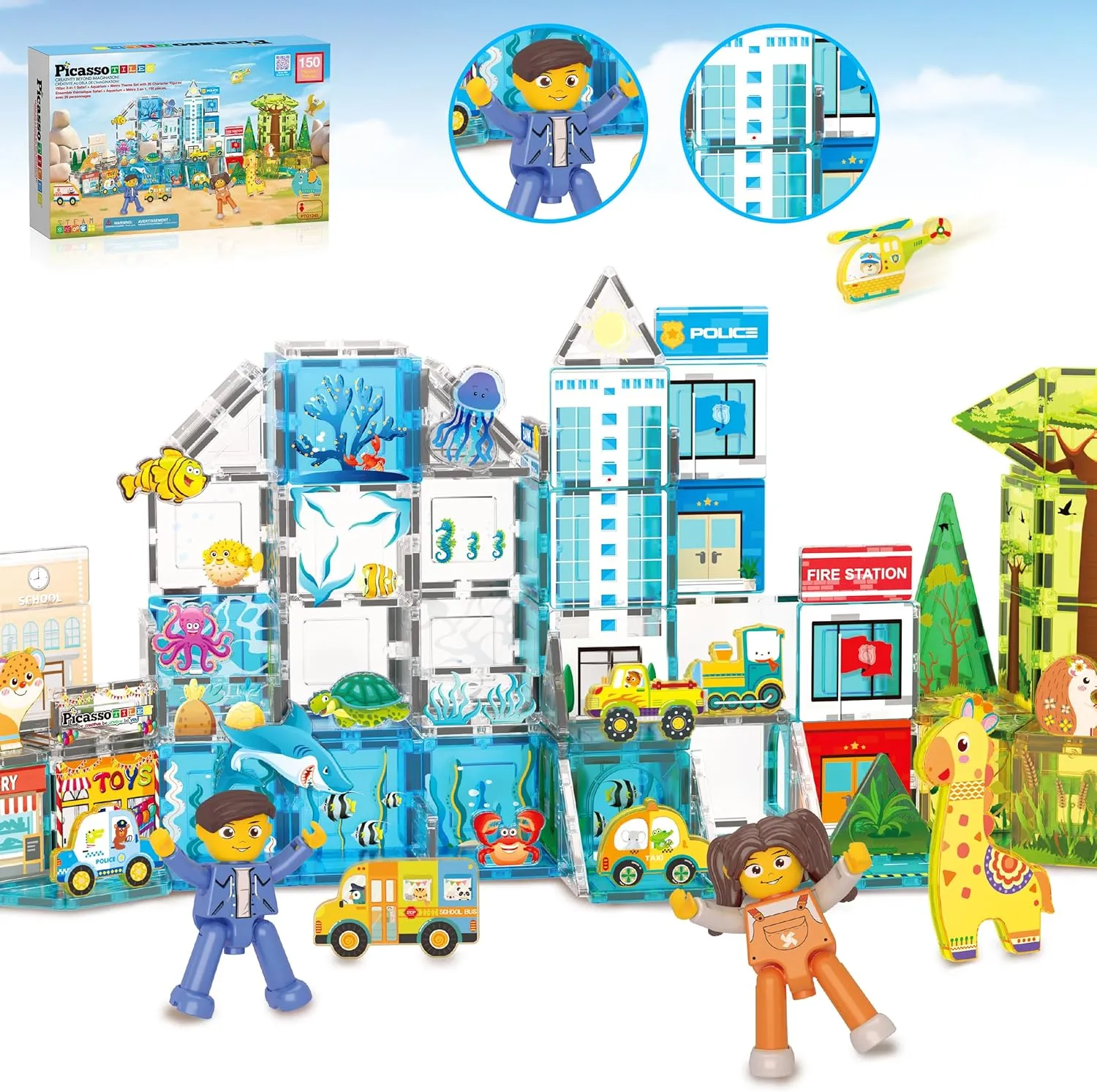 PicassoTiles Magnet Tiles Building Blocks 3-in-1 Aquarium Safari Animal & Metro Theme Playset with 24 Character Action Figures Magnetic STEM Learning Toys Construction Set Toddler kids Ages 3  PTQ1245