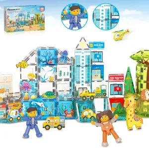 PicassoTiles Magnet Tiles Building Blocks 3-in-1 Aquarium Safari Animal & Metro Theme Playset with 24 Character Action Figures Magnetic STEM Learning Toys Construction Set Toddler kids Ages 3  PTQ1245