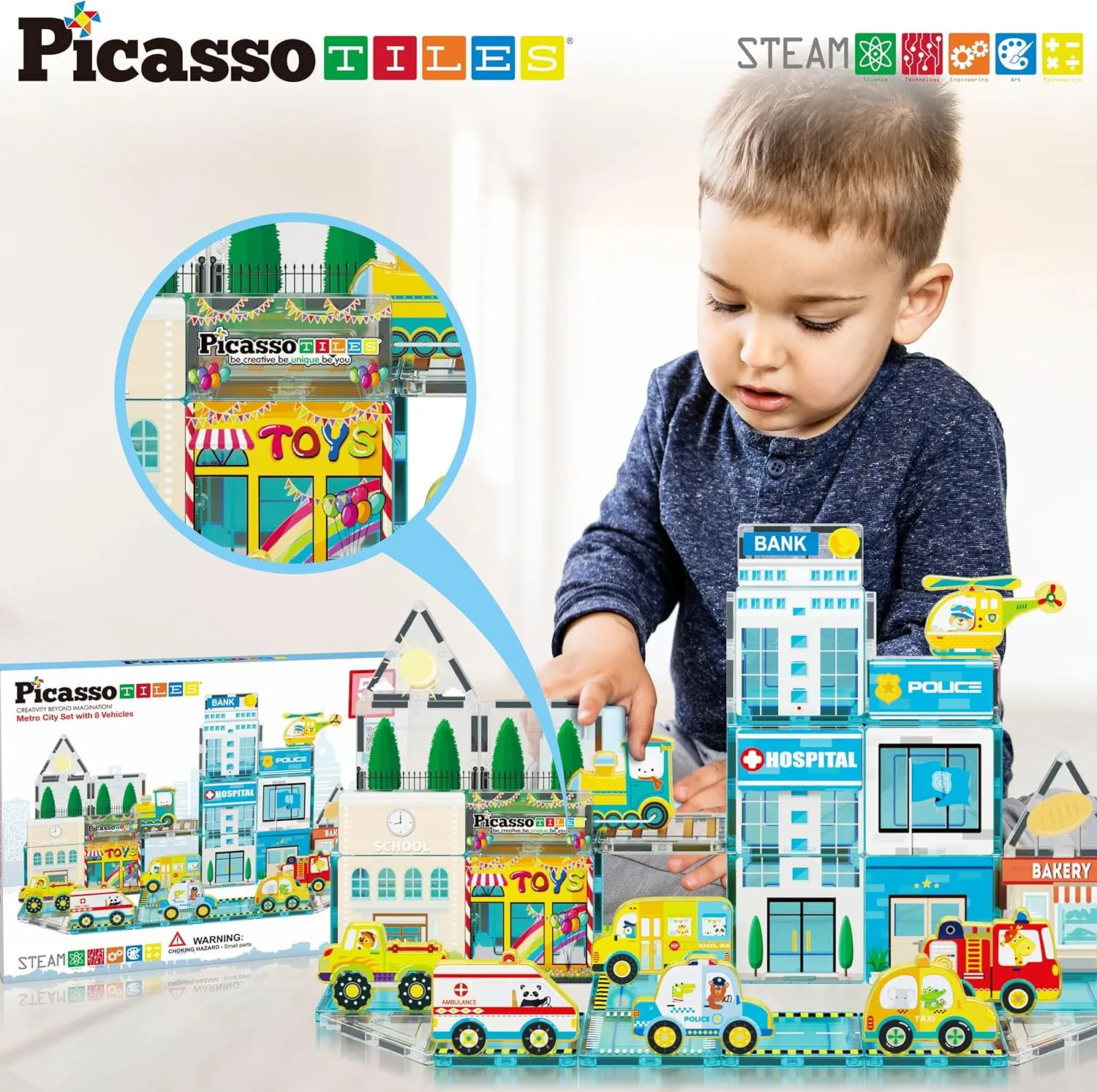 PicassoTiles Magnetic Building Blocks Metro City Town Hospital Theme Toddler Magnet Toys Tiles Play Set with 8 Vehicle Train Truck Character Action Figures STEAM Learning Educational For Ages 3  PTQ14