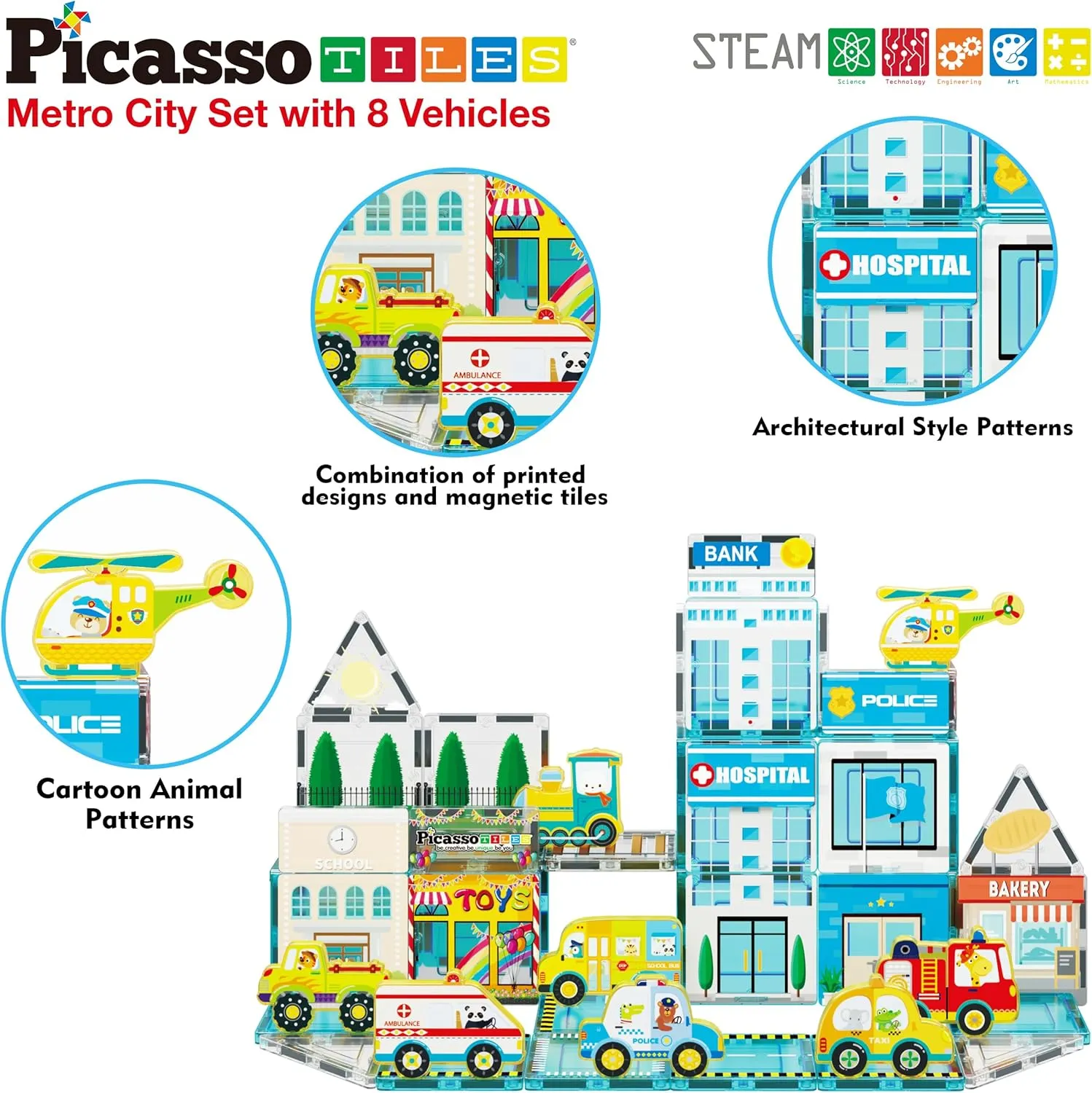 PicassoTiles Magnetic Building Blocks Metro City Town Hospital Theme Toddler Magnet Toys Tiles Play Set with 8 Vehicle Train Truck Character Action Figures STEAM Learning Educational For Ages 3  PTQ14
