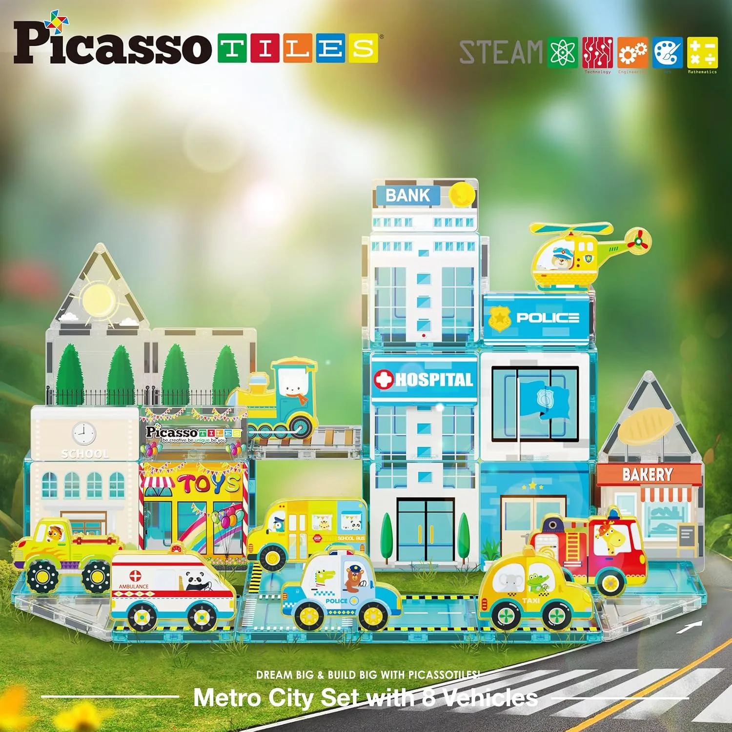 PicassoTiles Magnetic Building Blocks Metro City Town Hospital Theme Toddler Magnet Toys Tiles Play Set with 8 Vehicle Train Truck Character Action Figures STEAM Learning Educational For Ages 3  PTQ14