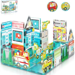 PicassoTiles Magnetic Building Blocks Metro City Town Hospital Theme Toddler Magnet Toys Tiles Play Set with 8 Vehicle Train Truck Character Action Figures STEAM Learning Educational For Ages 3  PTQ14