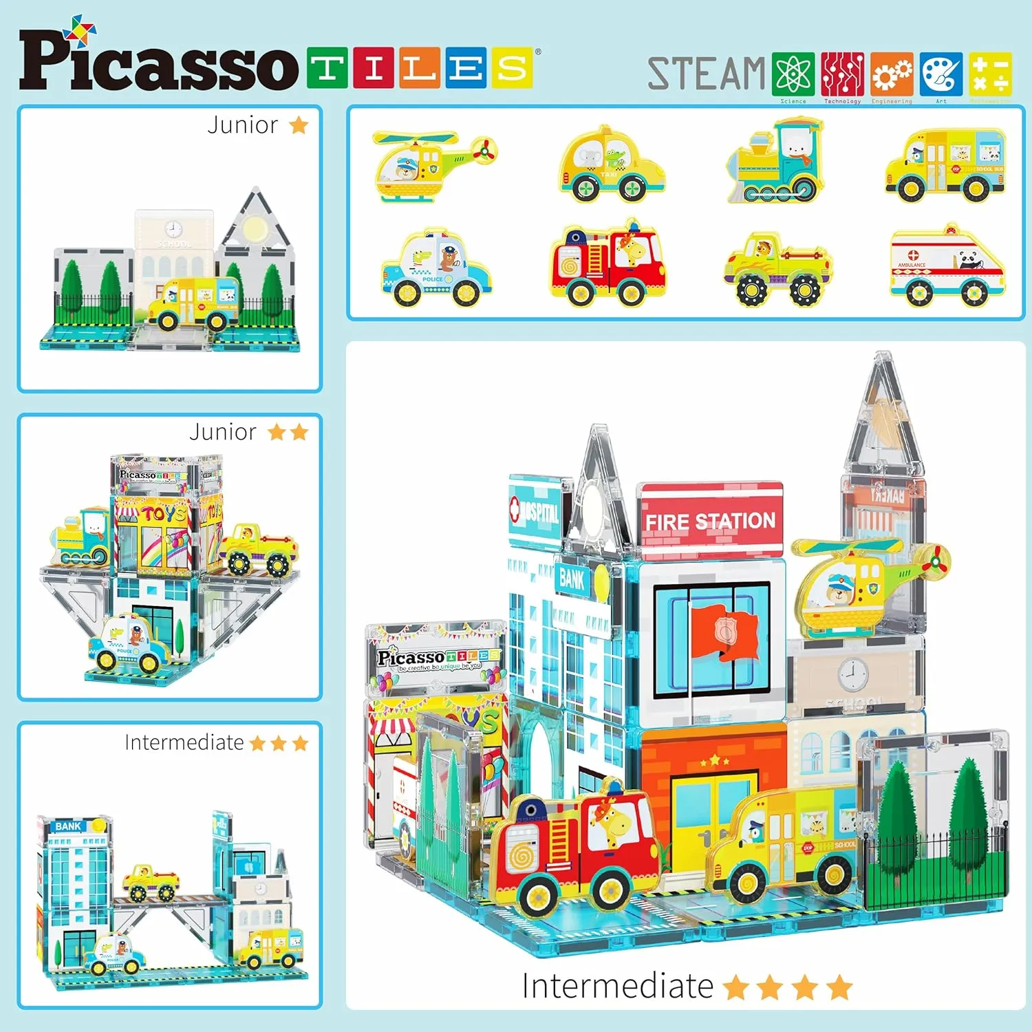 PicassoTiles Magnetic Building Blocks Metro City Town Hospital Theme Toddler Magnet Toys Tiles Play Set with 8 Vehicle Train Truck Character Action Figures STEAM Learning Educational For Ages 3  PTQ14