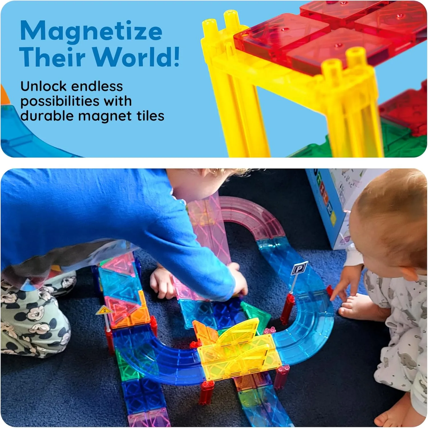 PicassoTiles Magnetic Race Track Toys Car Tracks Set for Toddlers Magnet Building Blocks Tiles Sensory Toys for Kids Include 2 Trucks STEM Engage in Thrilling Races Age 3  Year Old Boys Girls