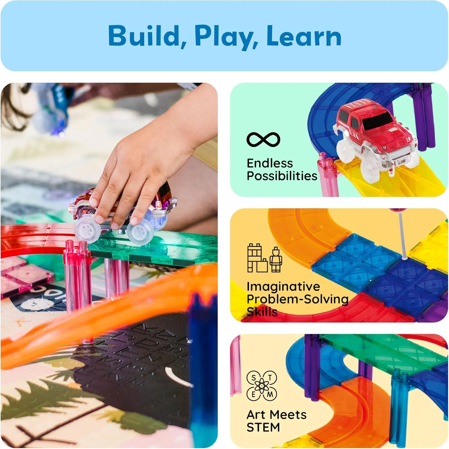 PicassoTiles Magnetic Race Track Toys Car Tracks Set for Toddlers Magnet Building Blocks Tiles Sensory Toys for Kids Include 2 Trucks STEM Engage in Thrilling Races Age 3  Year Old Boys Girls