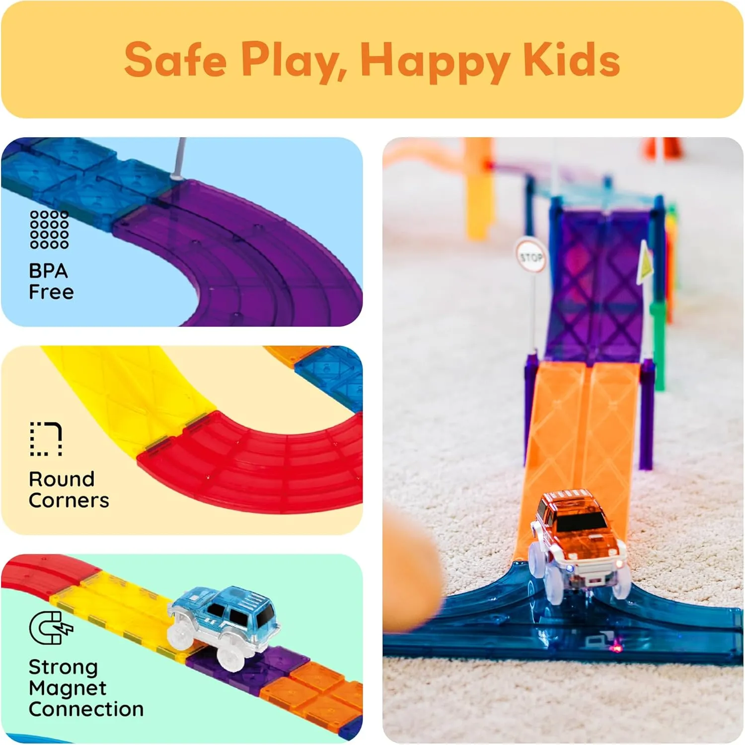 PicassoTiles Magnetic Race Track Toys Car Tracks Set for Toddlers Magnet Building Blocks Tiles Sensory Toys for Kids Include 2 Trucks STEM Engage in Thrilling Races Age 3  Year Old Boys Girls