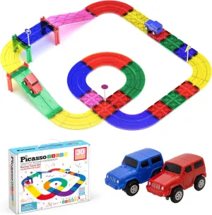 PicassoTiles Magnetic Race Track Toys Car Tracks Set for Toddlers Magnet Building Blocks Tiles Sensory Toys for Kids Include 2 Trucks STEM Engage in Thrilling Races Age 3  Year Old Boys Girls