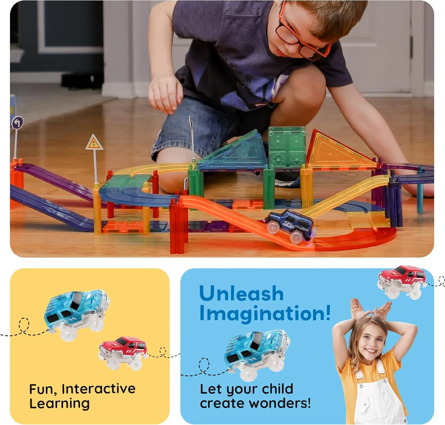 PicassoTiles Magnetic Race Track Toys Car Tracks Set for Toddlers Magnet Building Blocks Tiles Sensory Toys for Kids Include 2 Trucks STEM Engage in Thrilling Races Age 3  Year Old Boys Girls