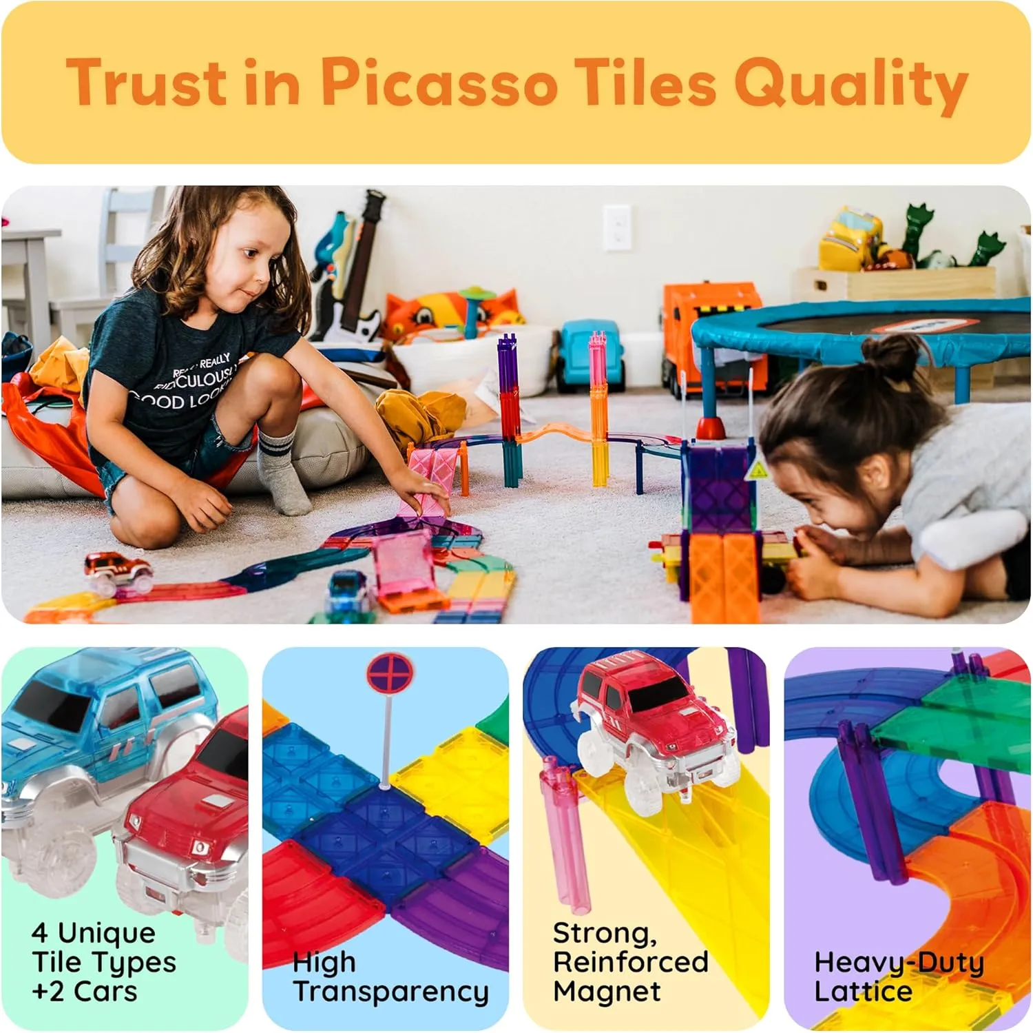 PicassoTiles Magnetic Race Track Toys Car Tracks Set for Toddlers Magnet Building Blocks Tiles Sensory Toys for Kids Include 2 Trucks STEM Engage in Thrilling Races Age 3  Year Old Boys Girls