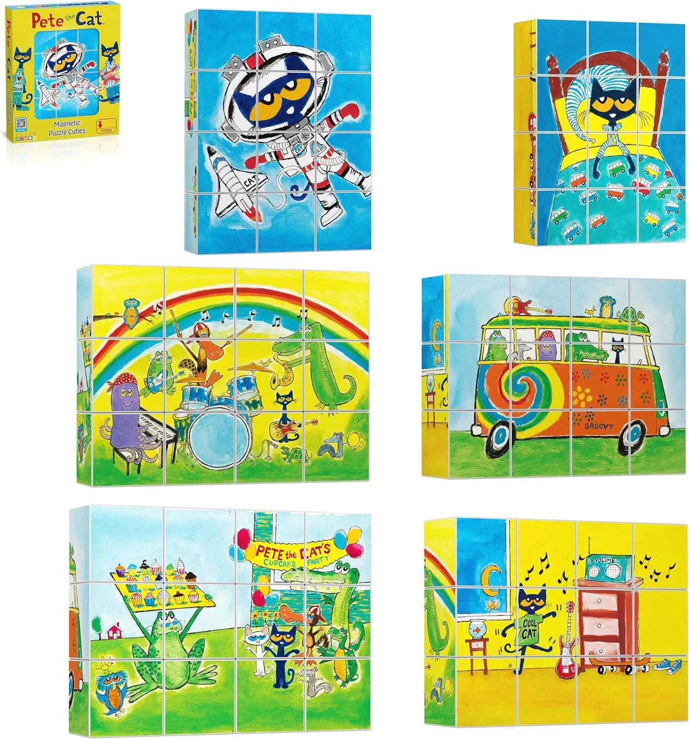 PicassoTiles Pete the Cat Magnet Puzzle Building Block Cubes 6 Cartoon Themed Brain Teaser Puzzles Mix and Match Magnetic Playset STEM Educational Toy Set Preschool Sensory Toys Toddlers Ages 3  PTC03