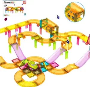 PicassoTiles Race Car Track Magnetic Tiles Travel Toy Sensory Magnet Tile Toys for Toddlers STEM Educational Learning Montessori Play Construction Building Blocks Kids Boys Girls Ages 3  PTMR40