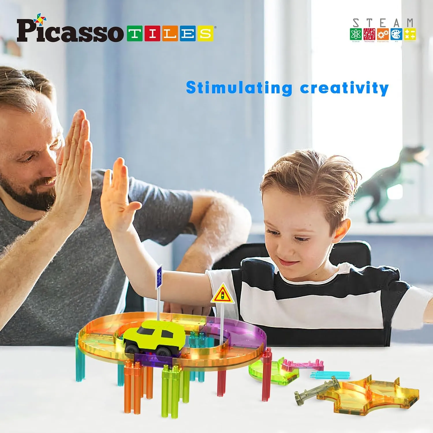 PicassoTiles Race Car Track Magnetic Tiles Travel Toy Sensory Magnet Tile Toys for Toddlers STEM Educational Learning Montessori Play Construction Building Blocks Kids Boys Girls Ages 3  PTMR40