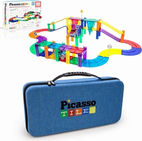PicassoTiles 50PC Magnetic Race Car Track   Carry Case Bundle: STEAM Educational Playset for Kids Includes Travel Storage Organizer - Learning Construction Toy, Creative Design, Sensory Development