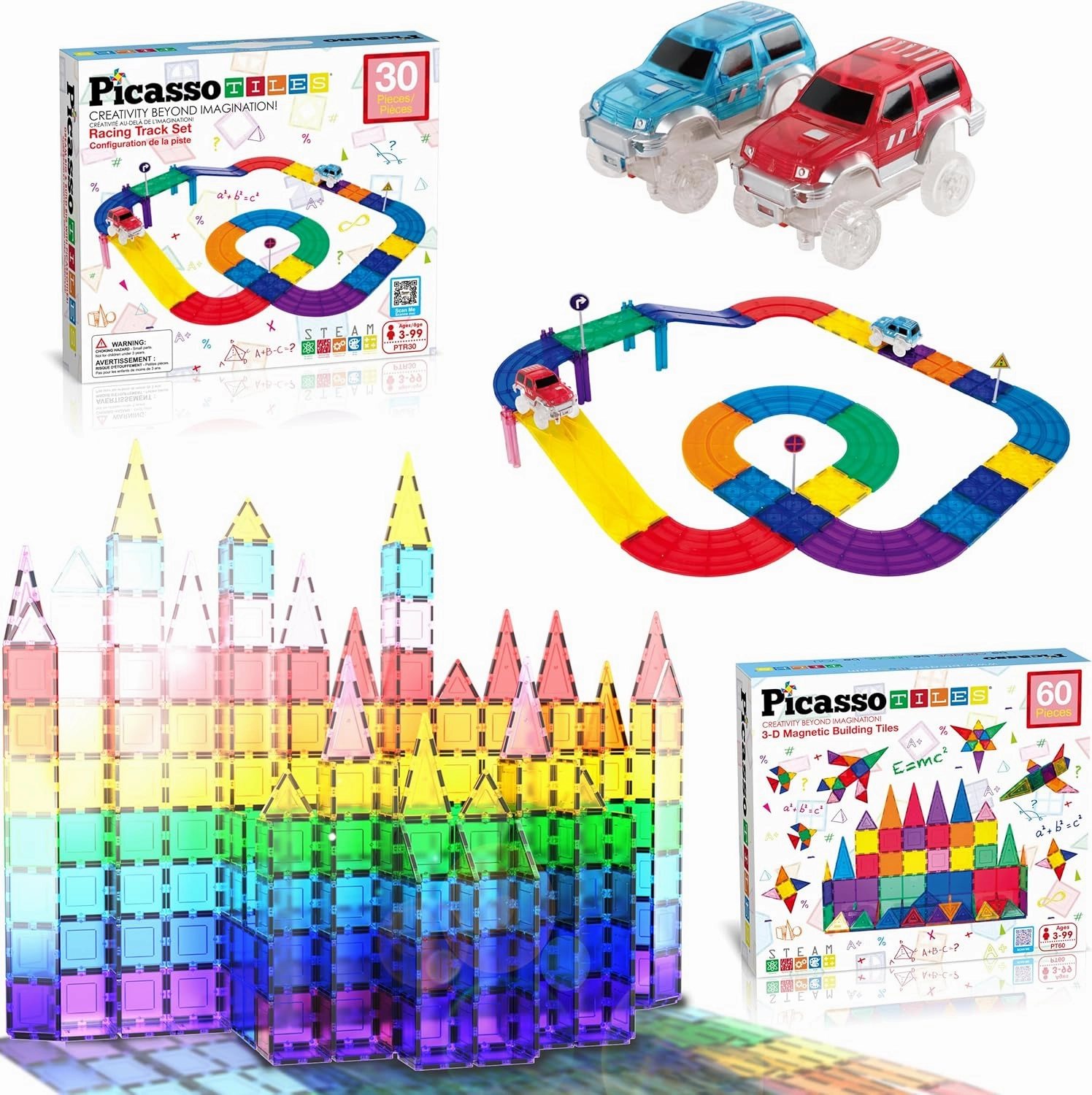 PicassoTiles 60PC Magnet Tiles   30PC Race Car Track Fun & Creative Playset Bundle: STEAM Learning, Enhance Construction Skills, Hand-Eye Coordination and Fine Motor Skills, Gift for Boys and Girls