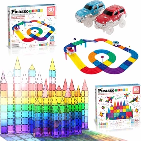 PicassoTiles 60PC Magnet Tiles   30PC Race Car Track Fun & Creative Playset Bundle: STEAM Learning, Enhance Construction Skills, Hand-Eye Coordination and Fine Motor Skills, Gift for Boys and Girls