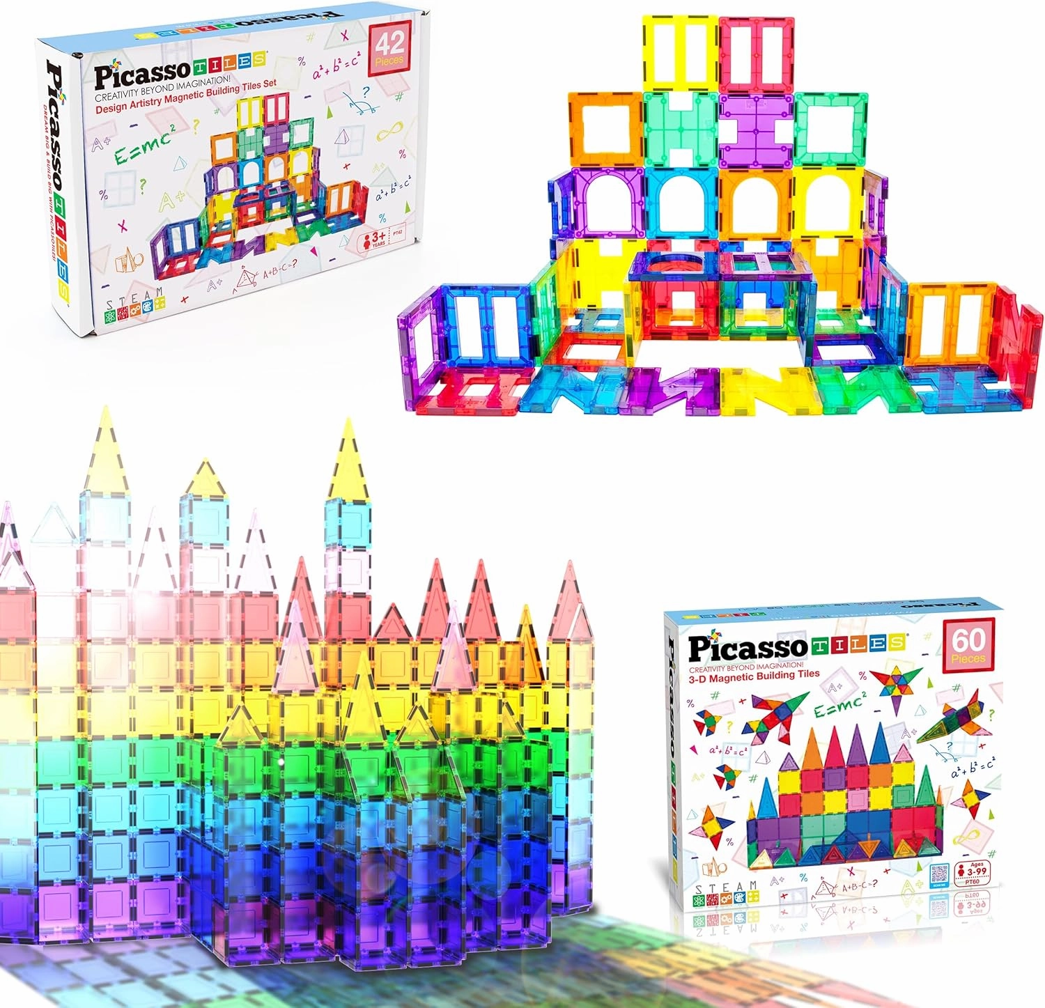 PicassoTiles 60PC Magnet Tiles   42PC Clip-in Windows & Doors Building Bundle: STEAM Educational Playset for Creative, Fun and Learning Construction Play, Design Art Project Toy Gift Idea for Kids