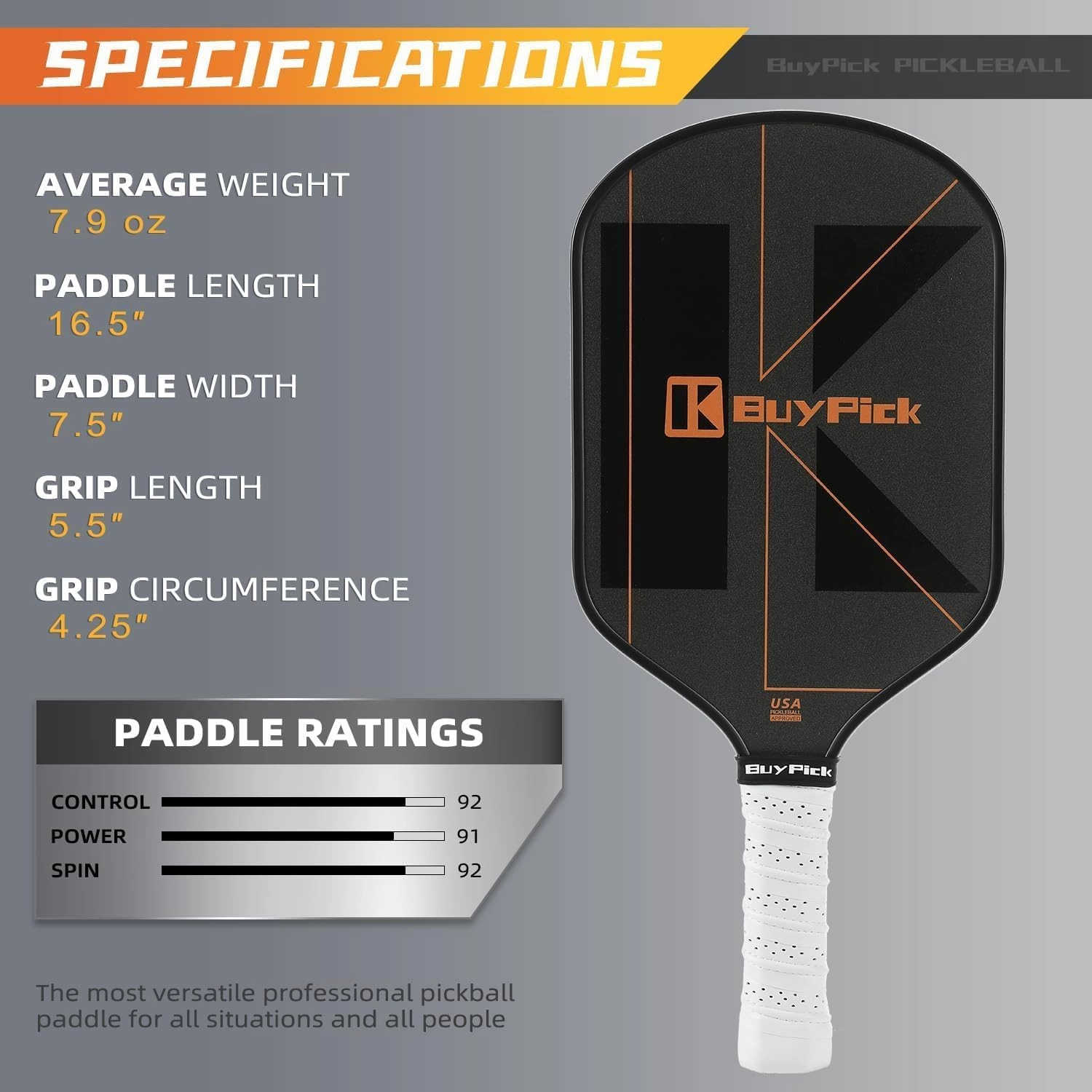 Pickleball Paddle, Carbon Fiber Surface with Reinforced 16mm Polypropylene Honeycomb Core, Perforated Grip, USA Pickleball Approved
