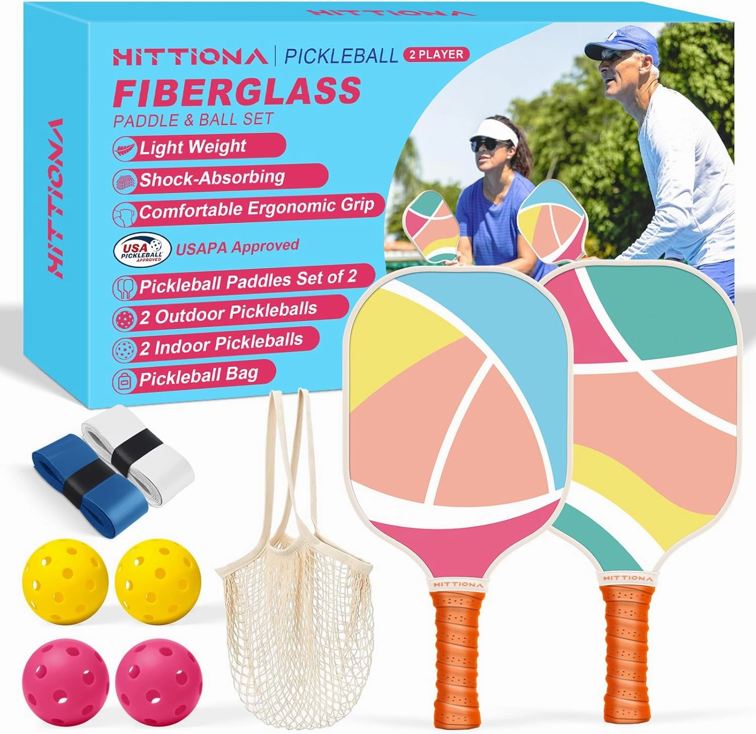 Pickleball Paddles Set of 2 - USAPA Approved Fiberglass Cute Pickleball Paddles Set for Women, Pink Pickleball Paddle with Anti-Slip Grip, 4 Pickleballs, Pickle Ball Paddle for Beginners