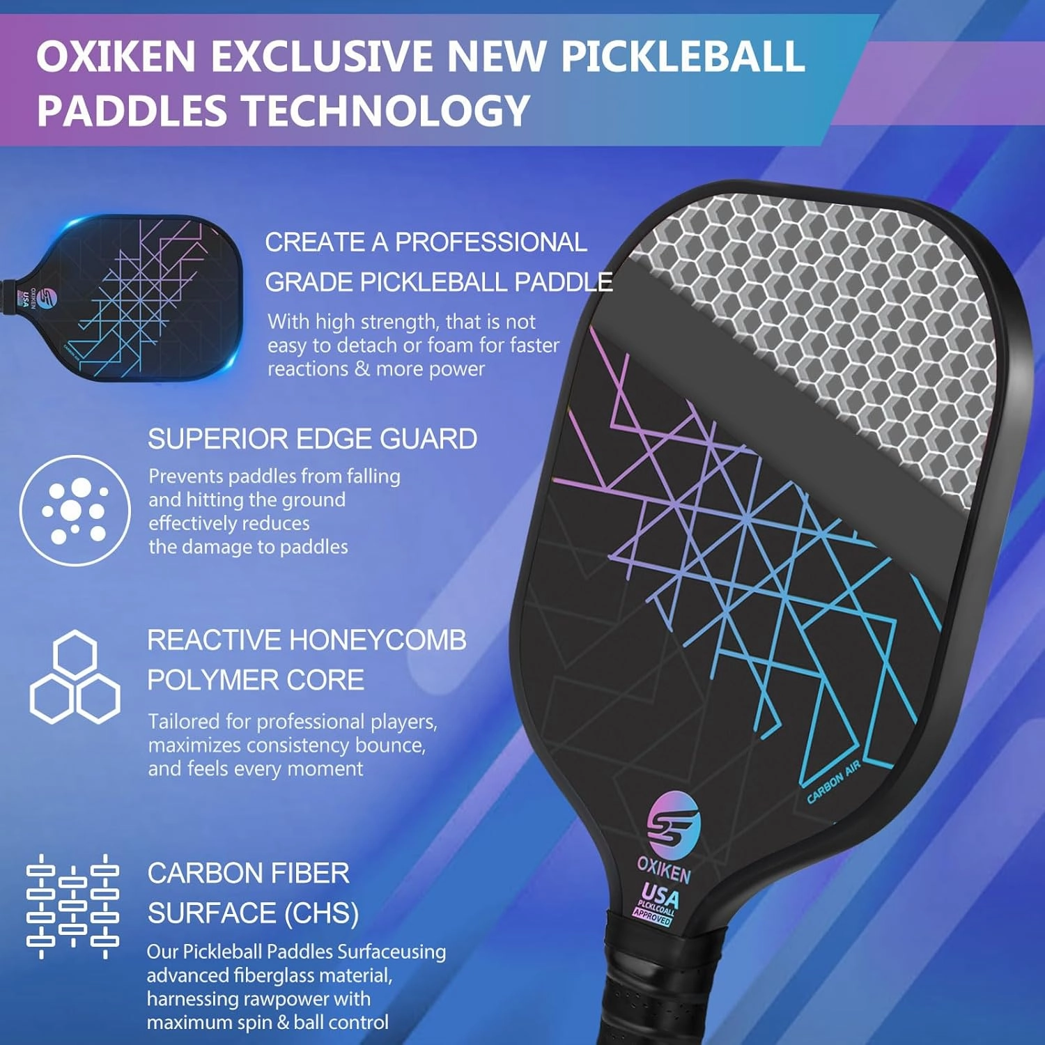 Pickleball Paddles Set of 2, USAPA Approved Carbon Fiber Pickle Ball Paddle (CHS) Polypropylene Honeycomb Core, Anti Slip Sweat Absorbing Grip, 2 Outdoor Pickleball, 2 Indoor Pickleball, Bag