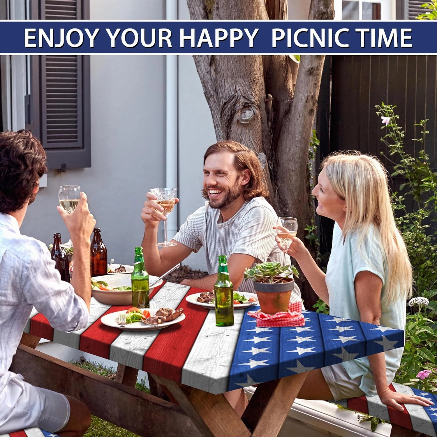 Picnic Table Cover with Bench Covers American Flag Camping Essentials Waterproof Tablecloth Wood Texture Outdoor Picnic Fitted Tablecloth with Elastic Rectangle 6 ft Table Cover (3pcs-72" x 30")