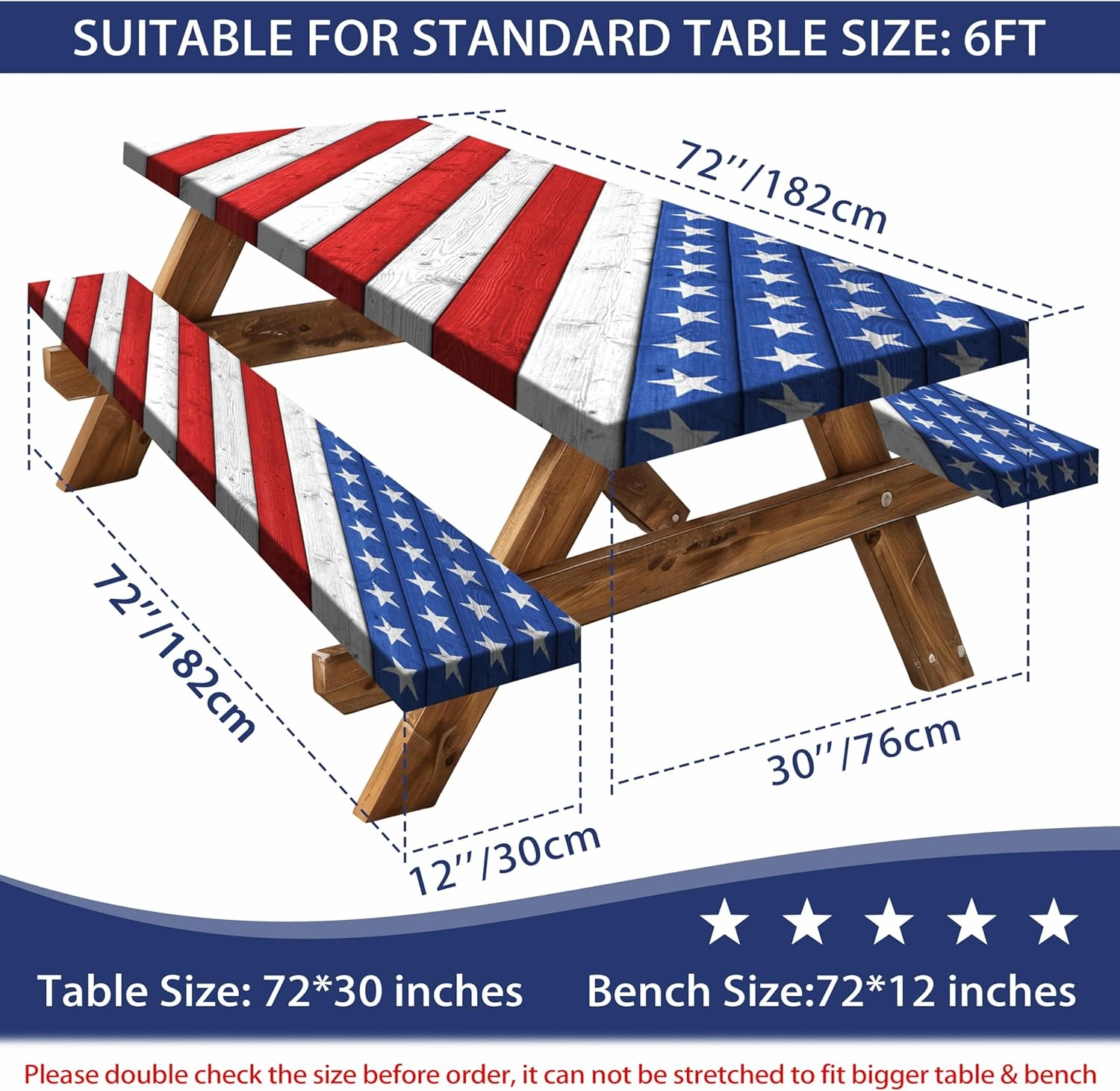 Picnic Table Cover with Bench Covers American Flag Camping Essentials Waterproof Tablecloth Wood Texture Outdoor Picnic Fitted Tablecloth with Elastic Rectangle 6 ft Table Cover (3pcs-72" x 30")