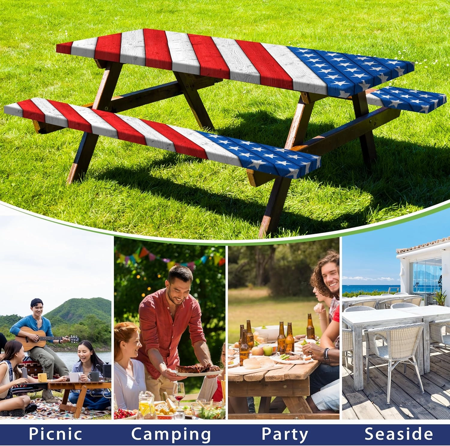 Picnic Table Cover with Bench Covers American Flag Camping Essentials Waterproof Tablecloth Wood Texture Outdoor Picnic Fitted Tablecloth with Elastic Rectangle 6 ft Table Cover (3pcs-72" x 30")