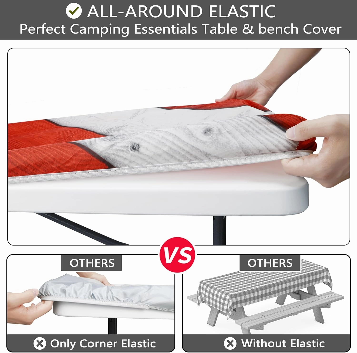 Picnic Table Cover with Bench Covers American Flag Camping Essentials Waterproof Tablecloth Wood Texture Outdoor Picnic Fitted Tablecloth with Elastic Rectangle 6 ft Table Cover (3pcs-72" x 30")