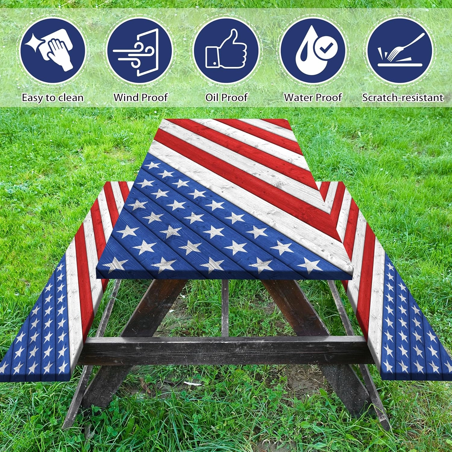 Picnic Table Cover with Bench Covers American Flag Camping Essentials Waterproof Tablecloth Wood Texture Outdoor Picnic Fitted Tablecloth with Elastic Rectangle 6 ft Table Cover (3pcs-72" x 30")