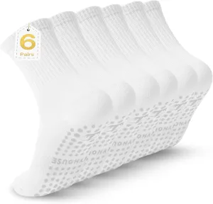 Pilates Yoga Socks with Grips for Women - Crew Length Ballet Barre Socks - Sticky Workout Hospital Socks