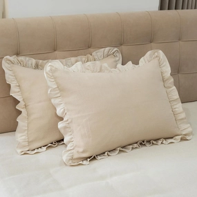 Pillow Shams Set of 2 Pure Cotton Champray Ruffled Edge,Thick and Solid Washed Dobby Heavy Fabric (Standard 20x26 inches)