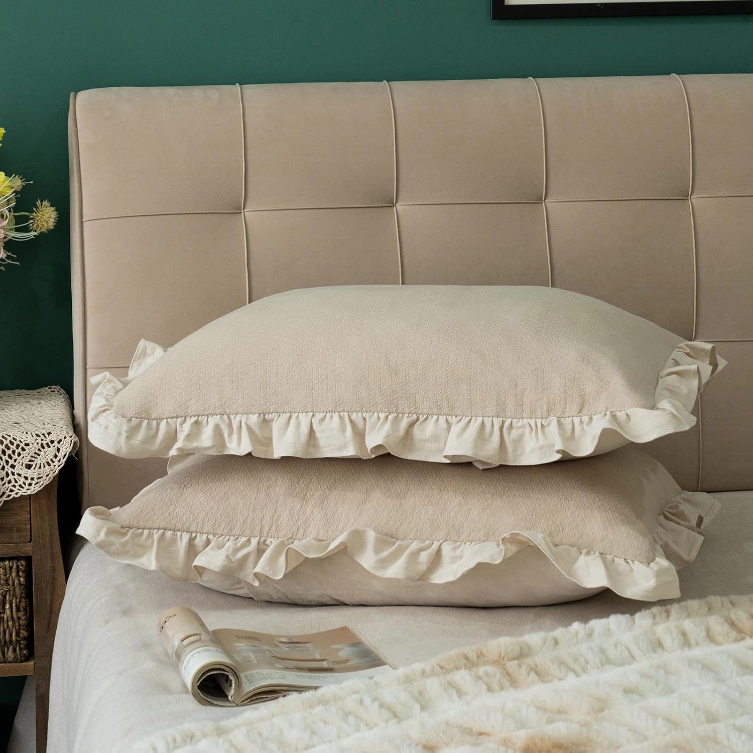 Pillow Shams Set of 2 Pure Cotton Champray Ruffled Edge,Thick and Solid Washed Dobby Heavy Fabric (Standard 20x26 inches)