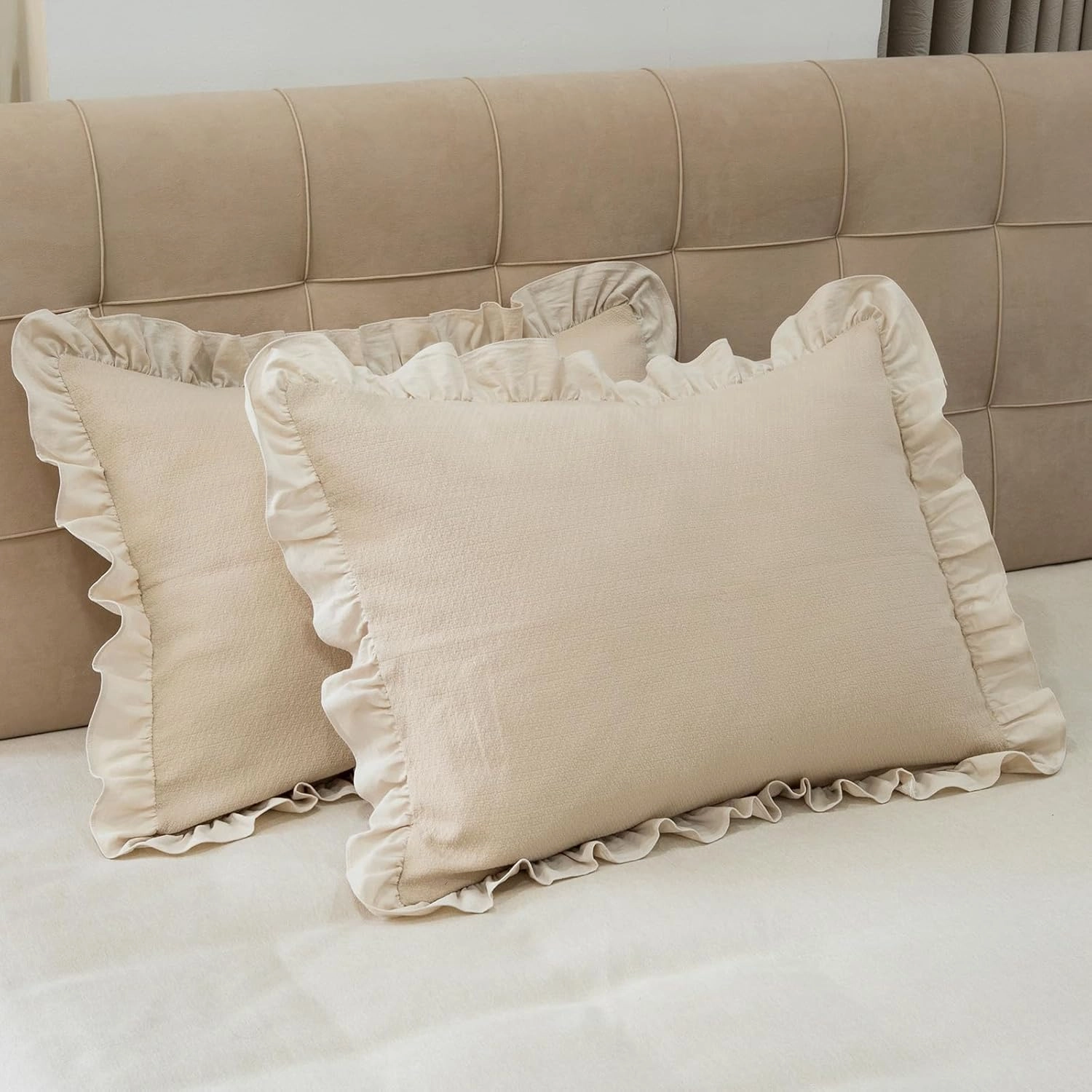 Pillow Shams Set of 2 Pure Cotton Champray Ruffled Edge,Thick and Solid Washed Dobby Heavy Fabric (Standard 20x26 inches)