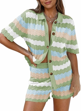 Pink Queen Women Knit Shorts Set 2 Piece Outfits Short Sleeve Button Down Sweater Top and Shorts Lounge Set