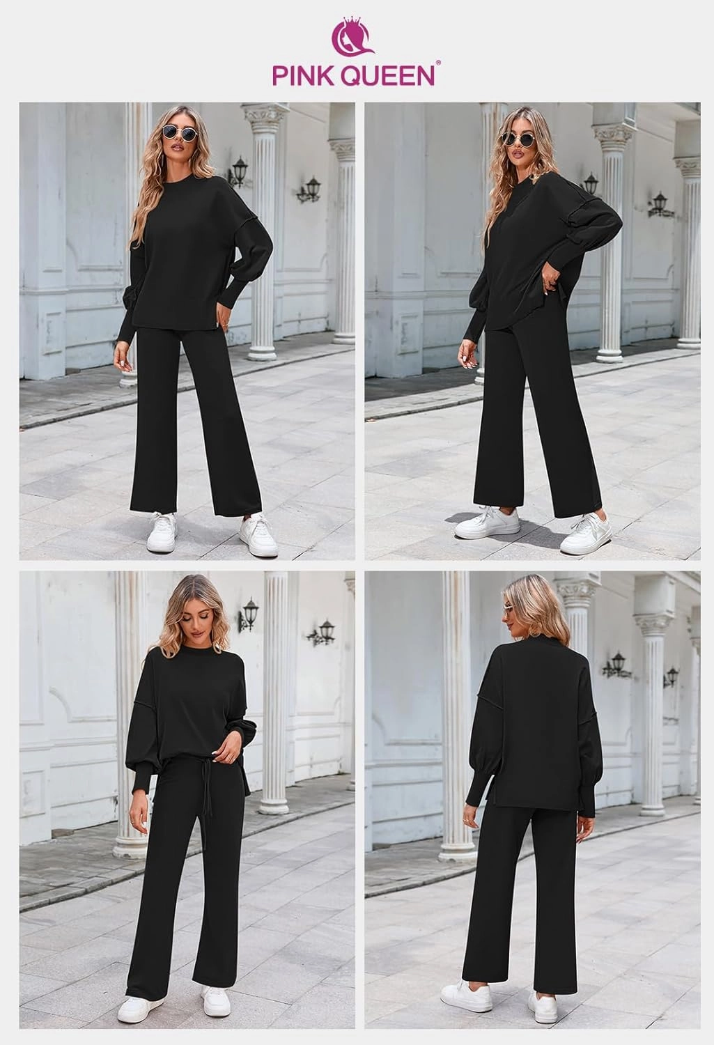 Pink Queen Women's 2 Piece Outfits Sweater Sets Knit Pullover Tops And Wide Leg Pants Loose Tracksuit Lounge Set