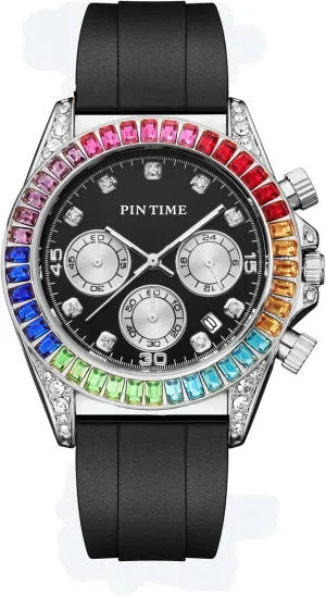 PINTIME Mens Diamond Watches Rainbow Baguette Colorful Fashion Sport Chronograph Classic Silicone Quartz Analog Wristwatches