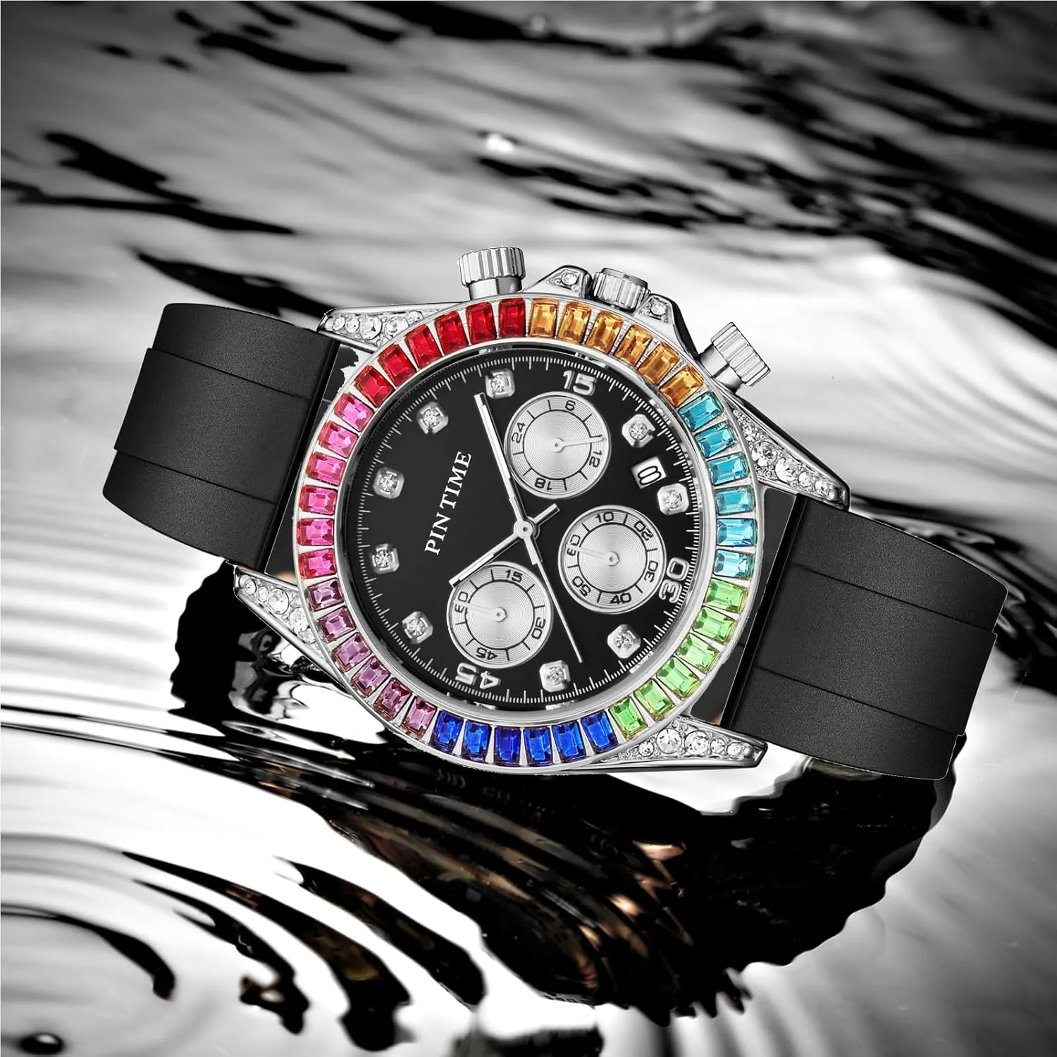 PINTIME Mens Diamond Watches Rainbow Baguette Colorful Fashion Sport Chronograph Classic Silicone Quartz Analog Wristwatches