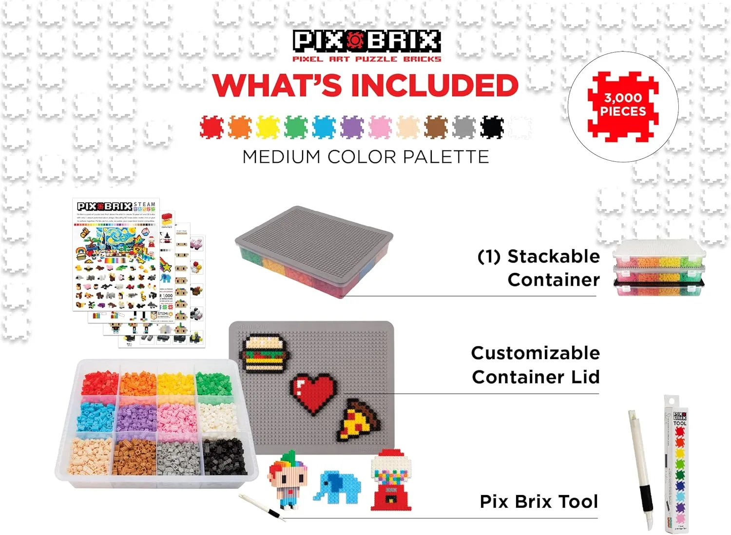 Pix Brix Pixel Art Puzzle Bricks – 3,000 Piece Pixel Art Container, 12 Color Medium Palette – Interlocking Building Bricks, Create 2D and 3D Builds Without Water or Glue – Stem Toys, Ages 6 Plus
