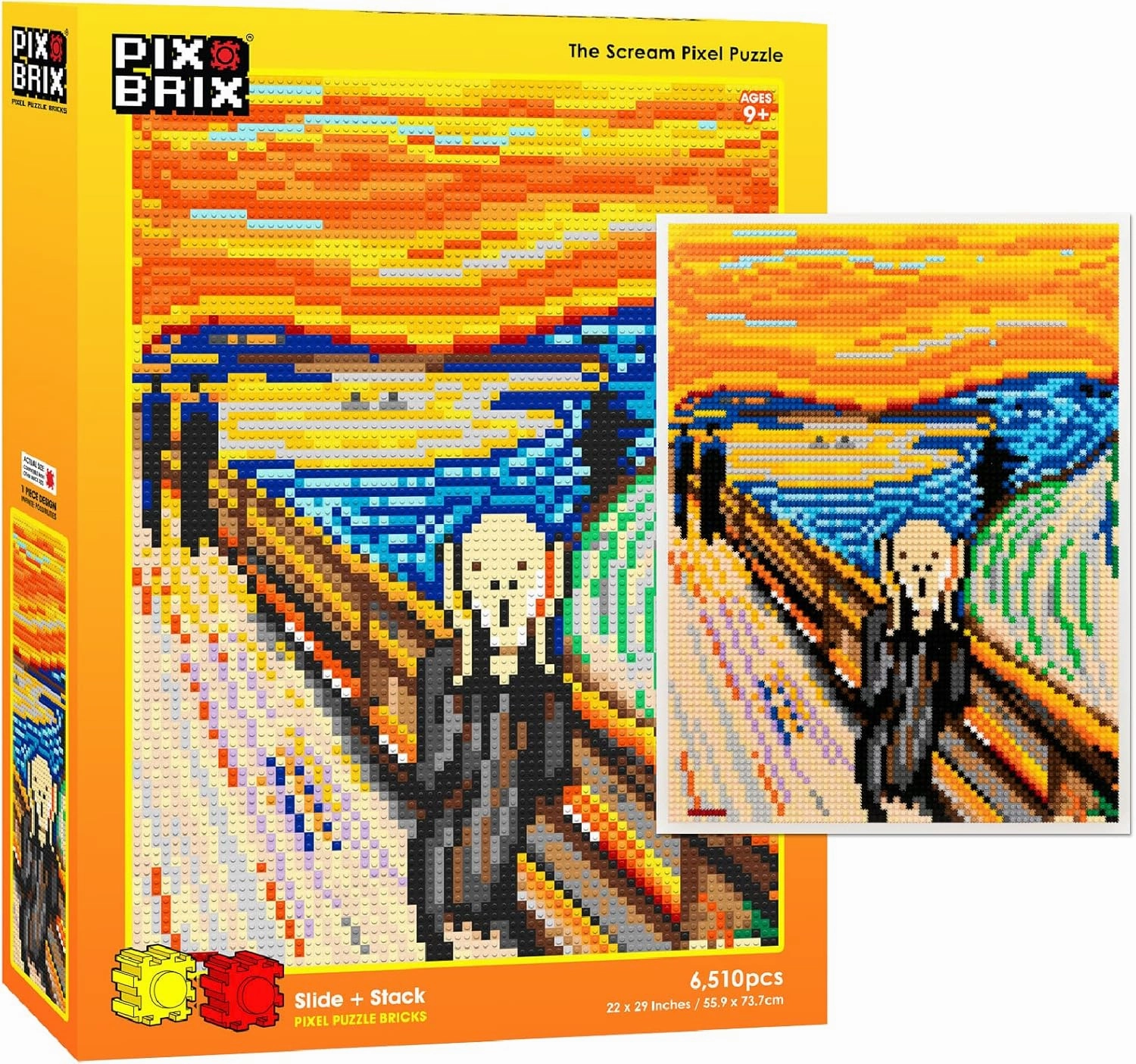 Pix Brix Pixel Art Puzzle Bricks - Pixel Puzzle of The Scream by Edvard Munch, 6,510 Pieces - Patented Colorful Slide   Stack Building Bricks to Recreate This Famous Painting, Builds Without Glue