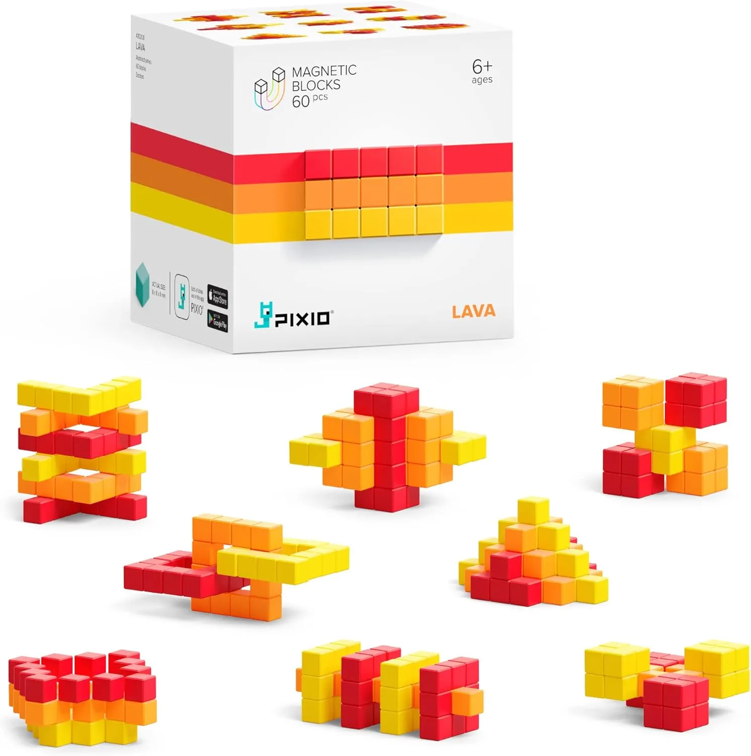 PIXIO Lava - Tiny Magnetic Blocks Building Toy in The Pixel Art Style with Free App - 5/16" Plastic Cubes with 6 Magnets Inside - Open Ended Toy - Creativity Toy for Ages 6  - 60pcs