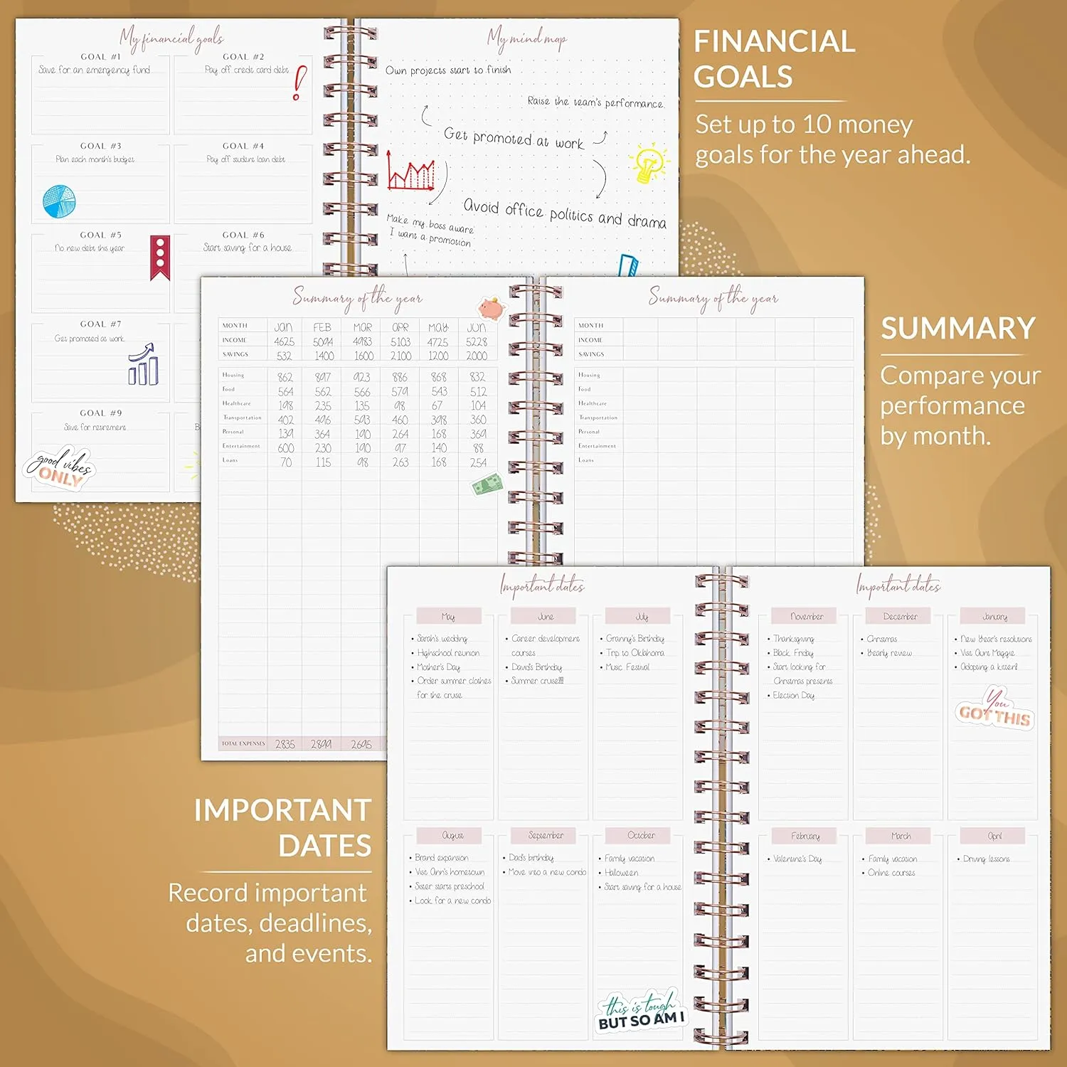 PLANBERRY Budget Planner – Undated Monthly Finance Organizer – Financial Spiral Notebook for Money Budgeting with Expense & Bill Tracker - 6.1x8.1″ Softcover (Golden Jungle)