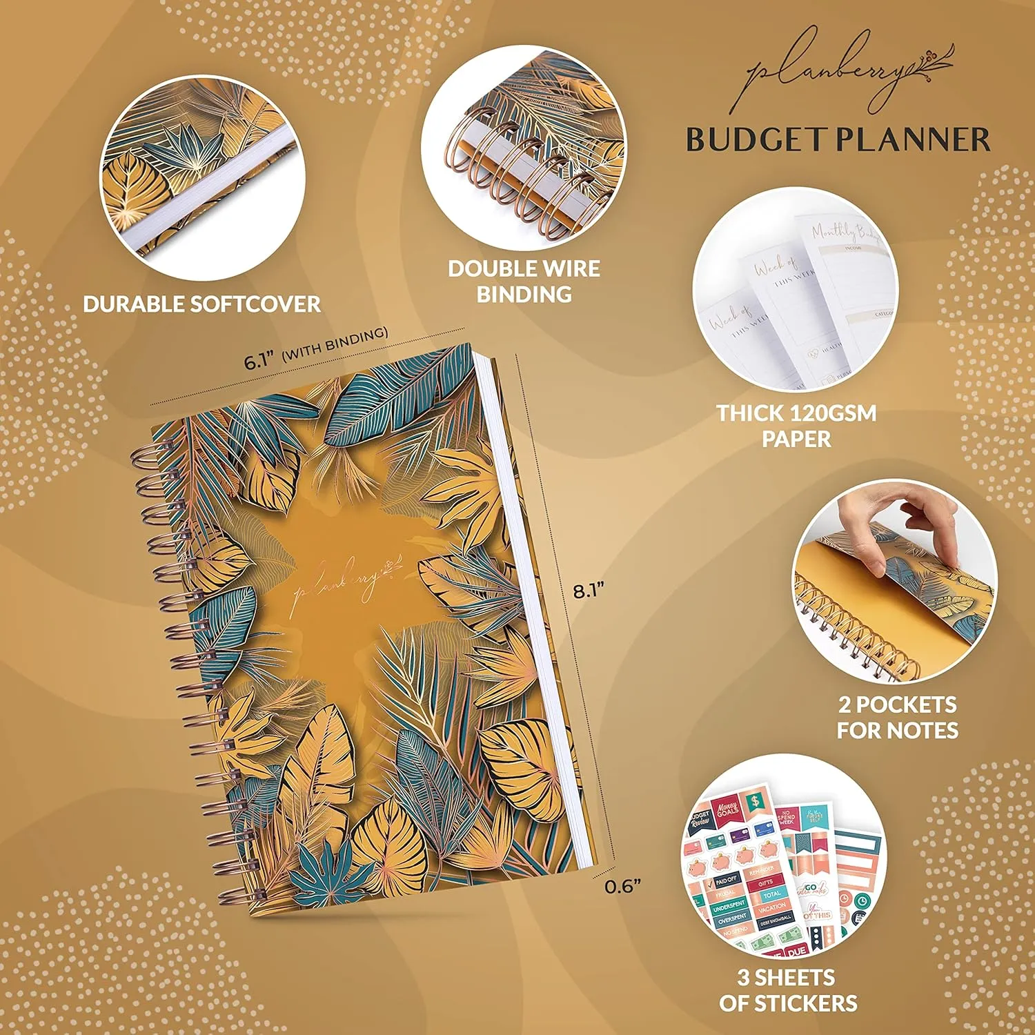 PLANBERRY Budget Planner – Undated Monthly Finance Organizer – Financial Spiral Notebook for Money Budgeting with Expense & Bill Tracker - 6.1x8.1″ Softcover (Golden Jungle)