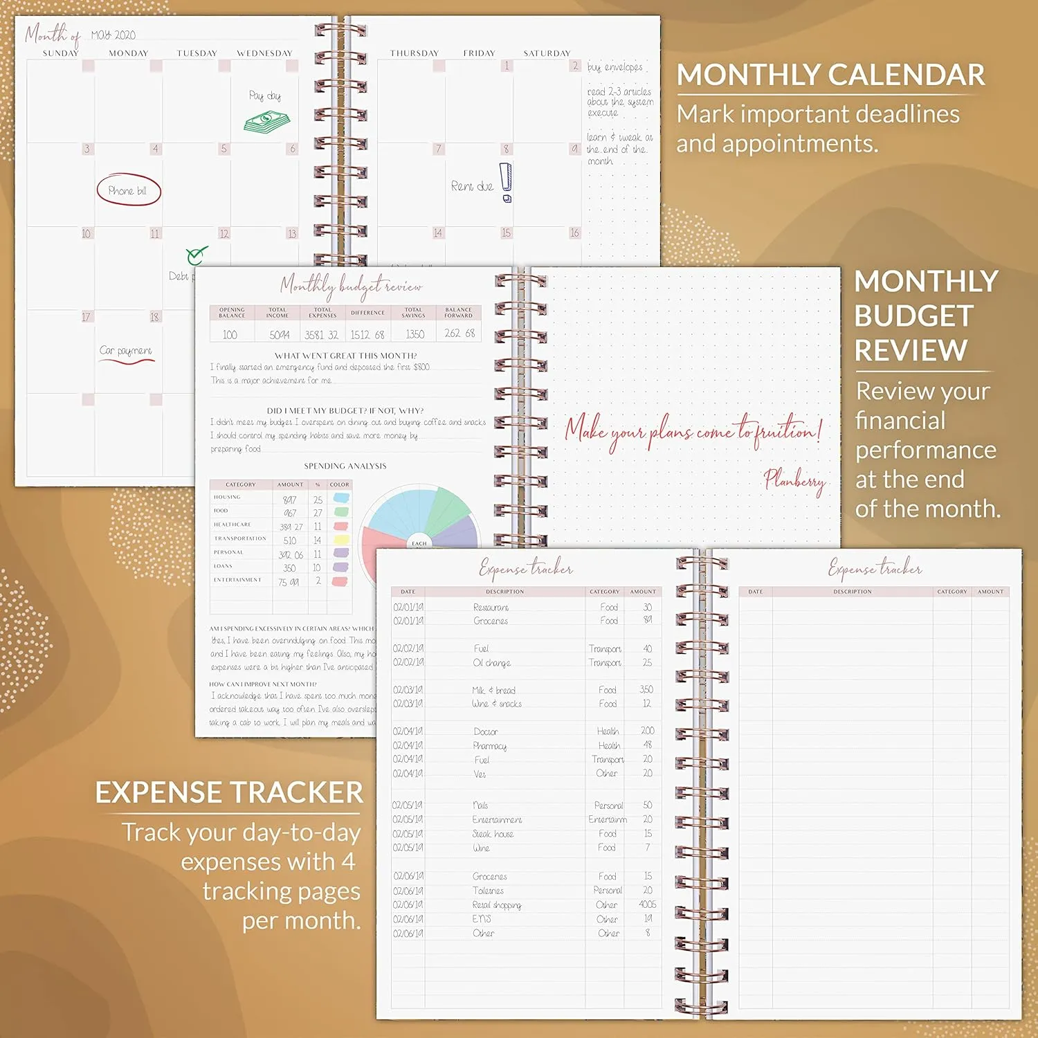 PLANBERRY Budget Planner – Undated Monthly Finance Organizer – Financial Spiral Notebook for Money Budgeting with Expense & Bill Tracker - 6.1x8.1″ Softcover (Golden Jungle)