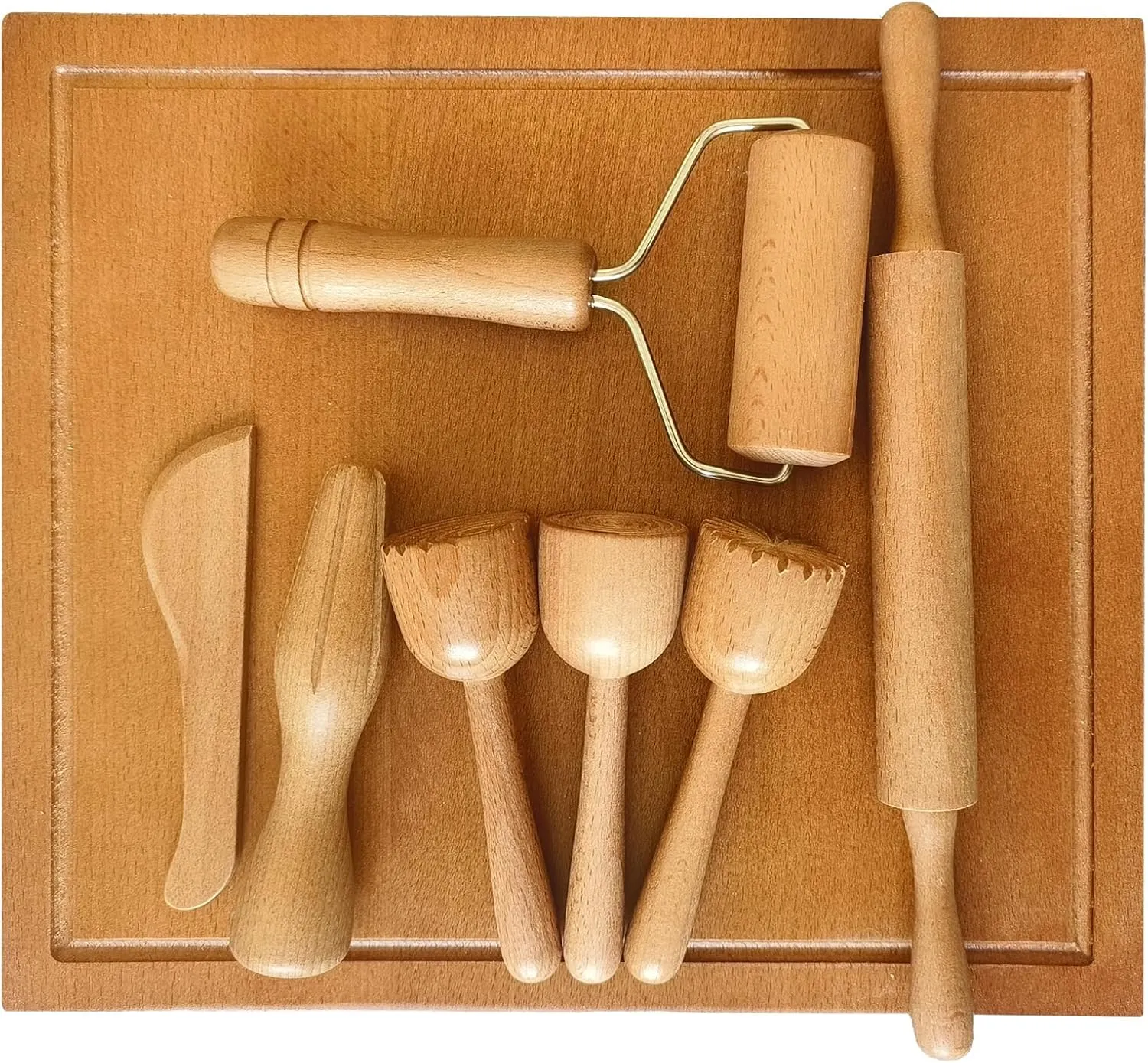 Playdough Tools Sets with 7 Wooden Play Dough Toys,Sensory Toys for Kids,Play Dough accessoris for Toddler Ages Craft Board,Stamps,Squeezer,Rolling pin,Montessori Kits for Preschool